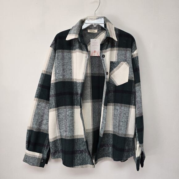 Adora Small Shacket Jacket Hunter Green Plaid Western Boho Women Fuzzy NWT - Picture 1 of 10